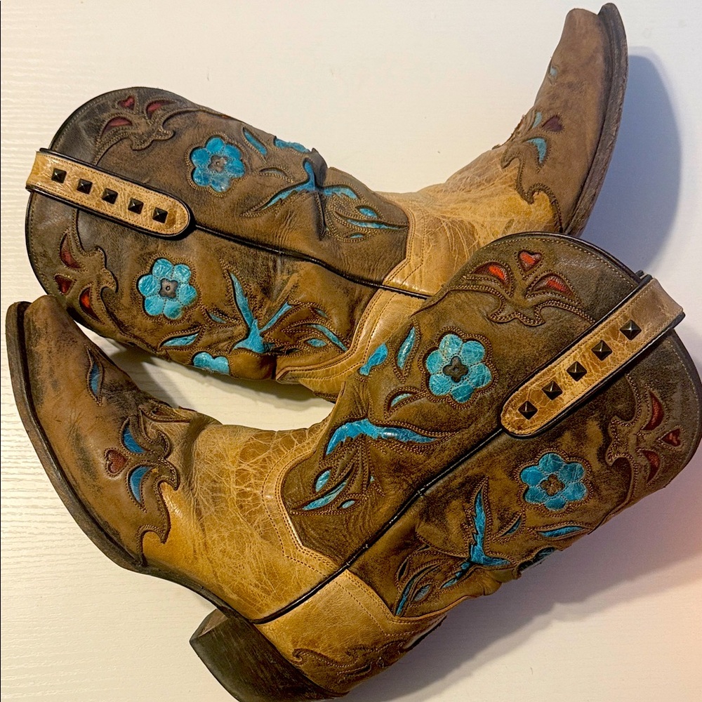 Dan Post Floral Embroidered Heeled Boots - Brown and Blue
